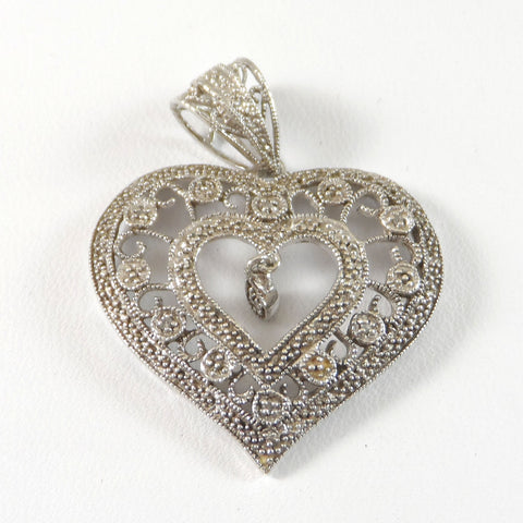 Vintage 925 Sterling Silver Filigree Dot Design Heart Pendant (3.8G)