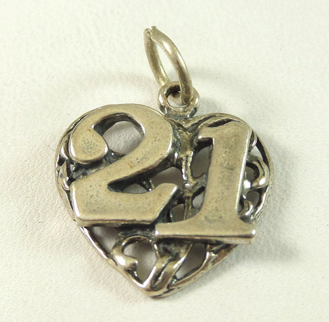 Vintage 925 Sterling Silver Filigree Heart "21" Charm Pendant (2.3G)