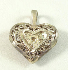 Vintage Sterling Silver Hummingbirds Floral Scroll Heart Pendant (2.6G)