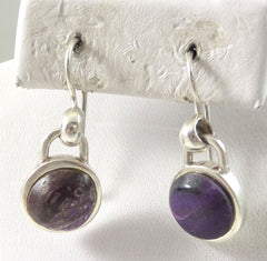 Vintage 925 Sterling Silver Purple Round Sugilite Hook Earrings (6.6G)