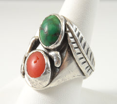 Vintage 925 Sterling Silver Green Malachite & Coral Ring Size 8.25