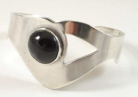 Vintage 925 Sterling Silver Taxco Rae Modernist Black Onyx Cuff Bracelet- 170018