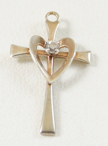 Vintage Jewelry 925 Sterling Silver White Stone Heart On Cross Pendant