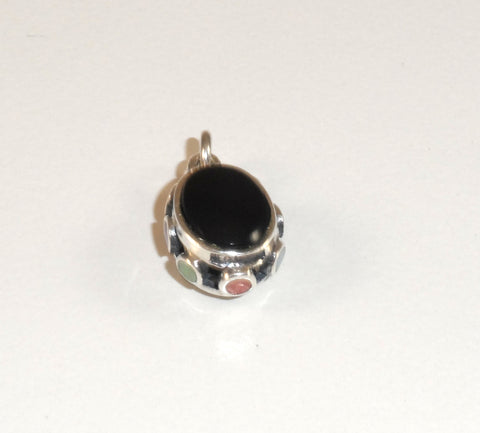 Reversible Vintage 925 Sterling Silver Onyx & Multi-Stones Pendant