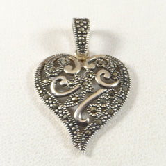 Vintage 925 Sterling Silver Marcasite Filigree Heart Pendant (4G)