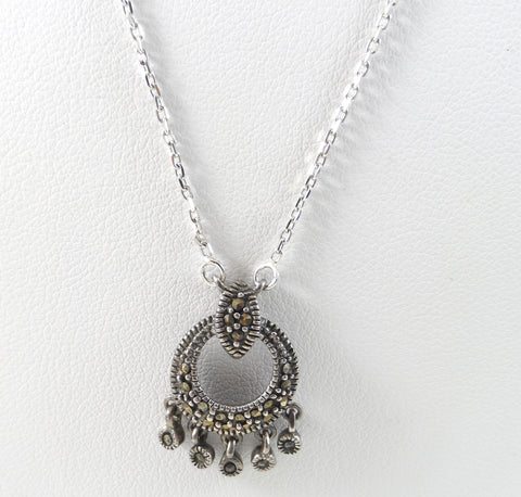 Vintage 925 Sterling Silver Marcasite Chandelier Necklace (3.9G)