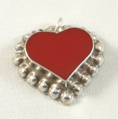 925 Sterling Silver Ball Bead Framed Red Onyx Heart Mexico Pendant (6G)