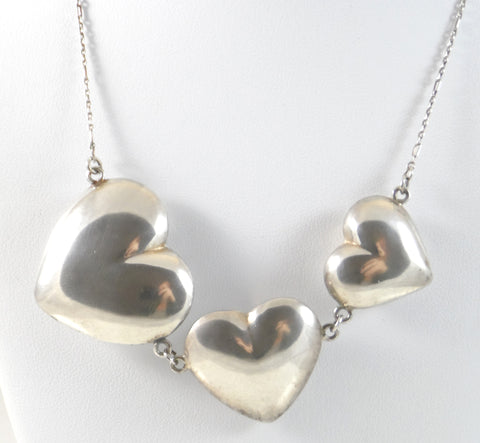 Vintage 925 Sterling Silver 3 Bubble Hearts Chain Link Necklace (21.1G)