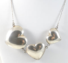 Vintage 925 Sterling Silver 3 Bubble Hearts Chain Link Necklace (21.1G)