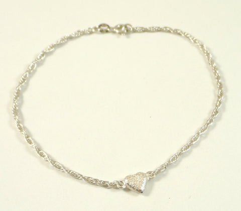 Vintage 925 Sterling Silver Faceted Heart Charm 9.75" Rope Anklet (3.5G)- 187383