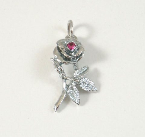 Vintage Shiny 925 Sterling Silver Faceted Pink Stone Rose Flower Design Pendant