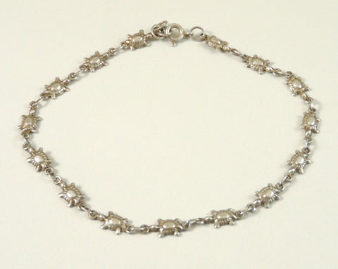 Vintage 925 Sterling Silver Shiny Turtle Design Linked Adjustable Anklet