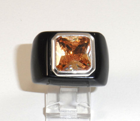 Alwaysbelisting: 925 Sterling Silver Orange Stone & Black Onyx Ring Sz 5 -112221