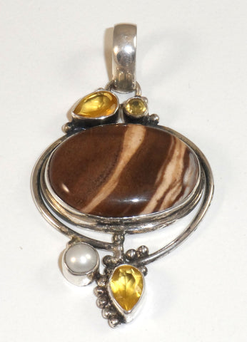 Vintage 925 Sterling Silver Pearl, Yellow & Brown Stones Pendant