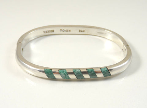 Vintage 925 Sterling Silver Green Malachite Mexico Bangle Bracelet