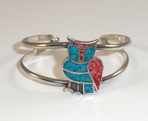 925 Sterling Silver Turquoise & Coral Owl Bracelet (22.2G) (22.2G)