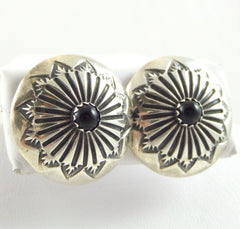 Vintage 925 Sterling Silver Round Black Onyx Floral Earrings (4.2G)